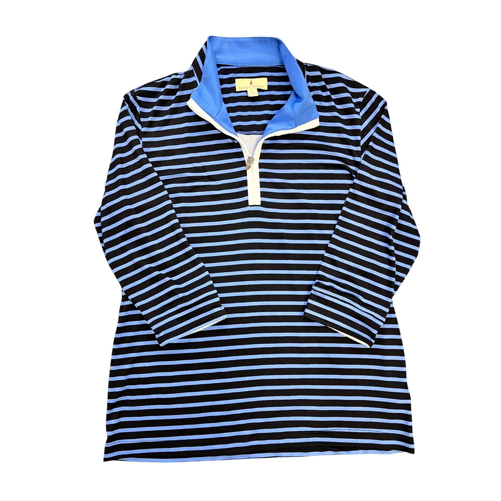 Sport Haley Women's Blue Black Striped Quarter‎ Zip Pullover Top Size L